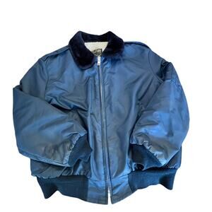 VTG Timber King Bomber Flight Jacket Faux Fur Collar Navy Mens XL Rare For Cond